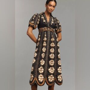 Farm Rio Embroidered Floral Short-Sleeve Midi Dress, Size Medium, $298